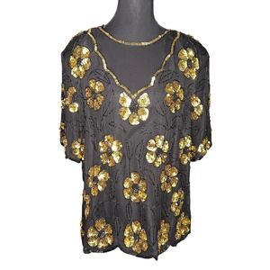 Vtg STENAY PLUS Beaded Sequin Floral Black Silk Chiff V Neck Blouse Top Glam XL